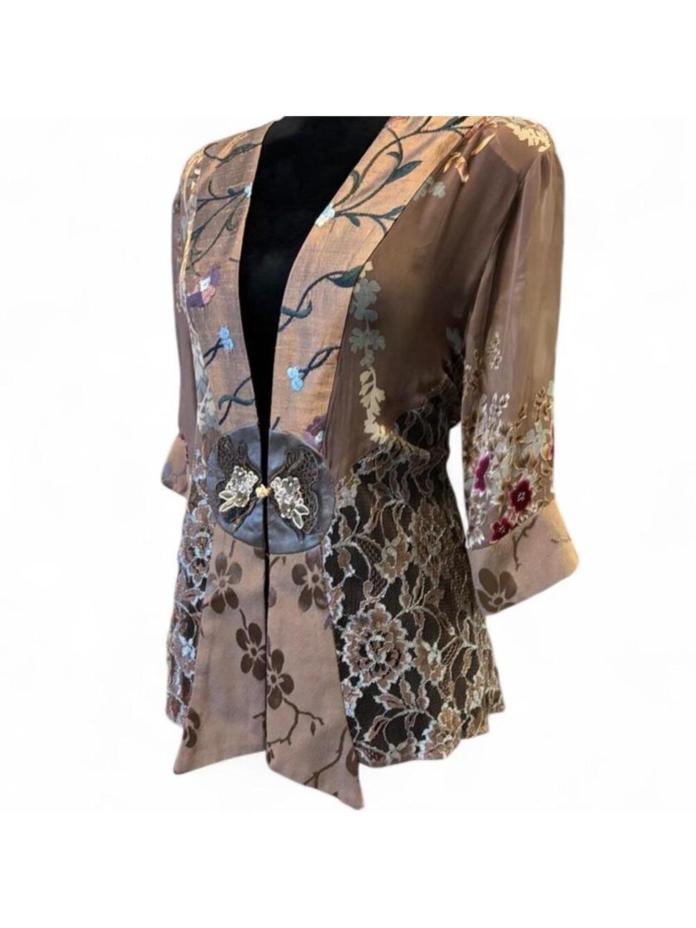 90s Vintage Taupe Lace Kimono Top – Whimsygoth Floral Large